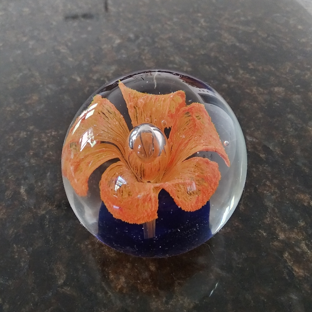 Paperweight Orange Glass Flower
